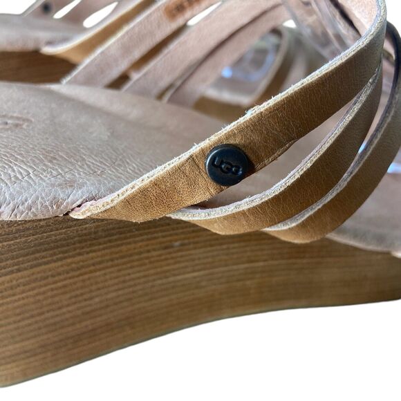 UGG Women’s Sandals Size 8 Mattie Wedge Platform Strappy Slip On Leather Tan - Picture 5 of 11